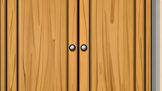A close-up view of a wooden cabinet door with two silver knobs