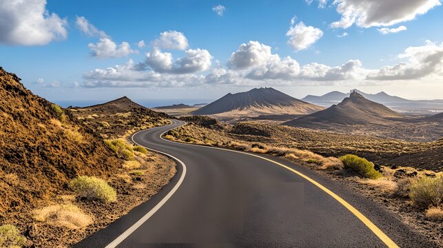 Image related to unexplored road journeys and adventures.Road through the scenic landscape to the destination in Lanzarote natural park. 