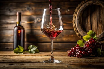 Fototapeta premium Elegant wine pouring into a crystal glass on a wooden table in a rustic setting, wine bottle, wooden table, golden light, vintage
