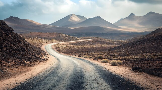 Image related to unexplored road journeys and adventures.Road through the scenic landscape to the destination in Lanzarote natural park. 