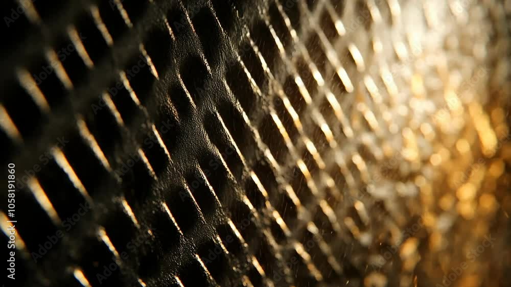 Poster a close-up of a wire mesh illuminated by a warm light, showcasing the intricate pattern and the way 