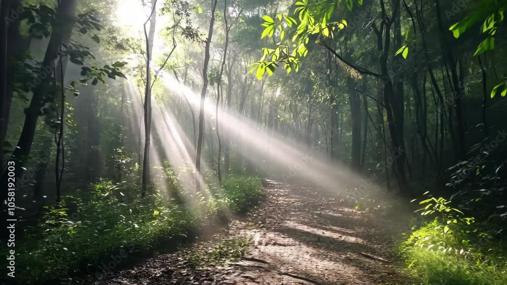 Poster sunlight streams through the trees in a dense forest, illuminating a path leading deeper into the wo