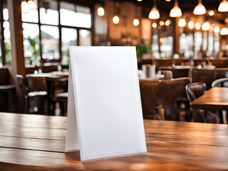 Mock up Label the blank menu frame in Bar restaurant ,Stand for booklets with white sheets paper acrylic tent card on wooden table cafeteria blurred background can inserting the text of the customer.