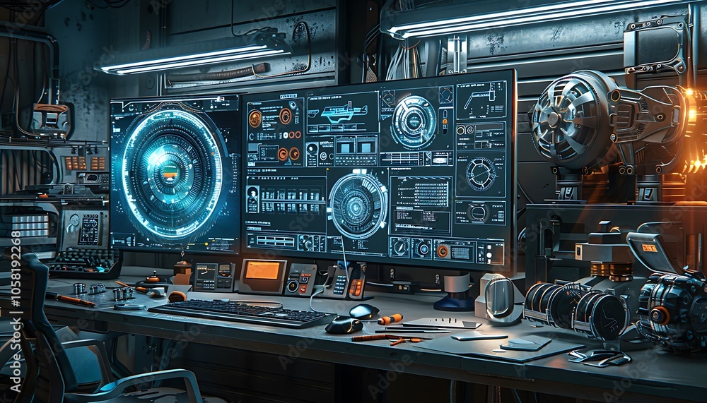 Poster A futuristic workspace featuring high-tech screens with data visualizations and a variety of devices, reflecting advanced technology and innovation.