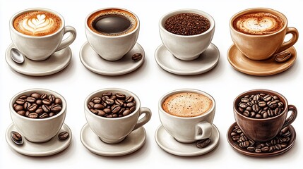 A collection of six different types of coffee in various stages of preparation. 