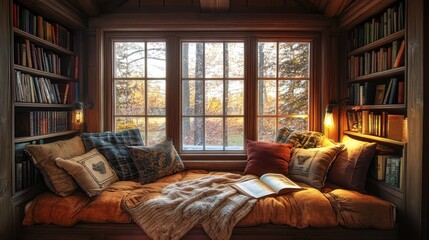 Cozy Reading Nook with Plush Cushions and Bookshelves Overlooking a Serene Autumn Landscape Through Large Windows