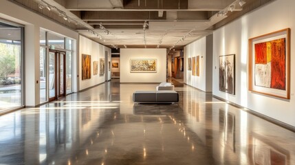 Obraz premium Contemporary art gallery with open spaces, clean lines,