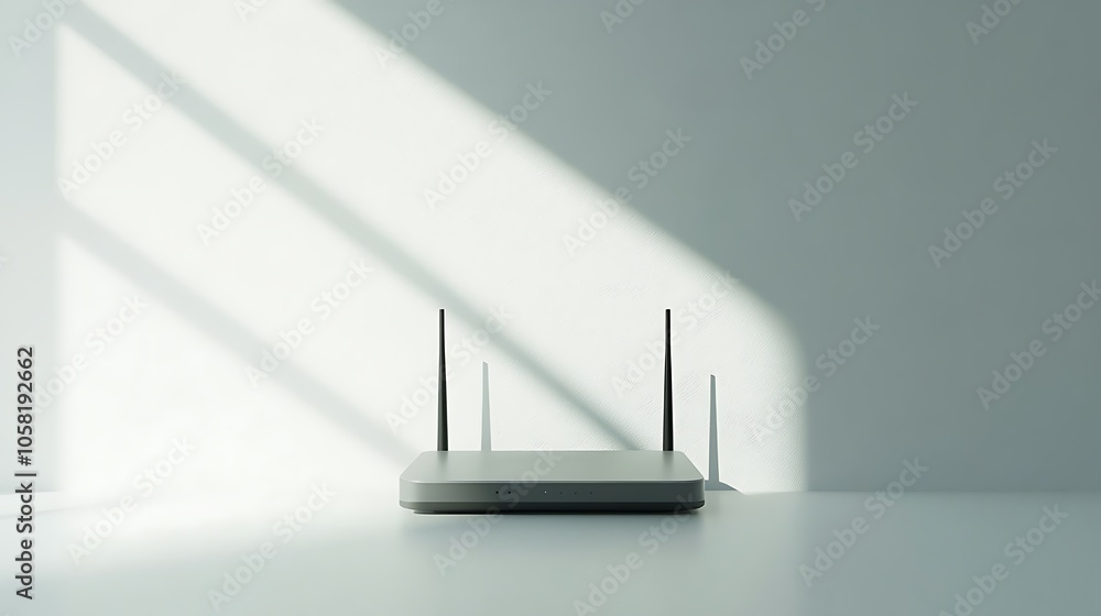 Poster a minimalist wireless router on a table with soft shadows.