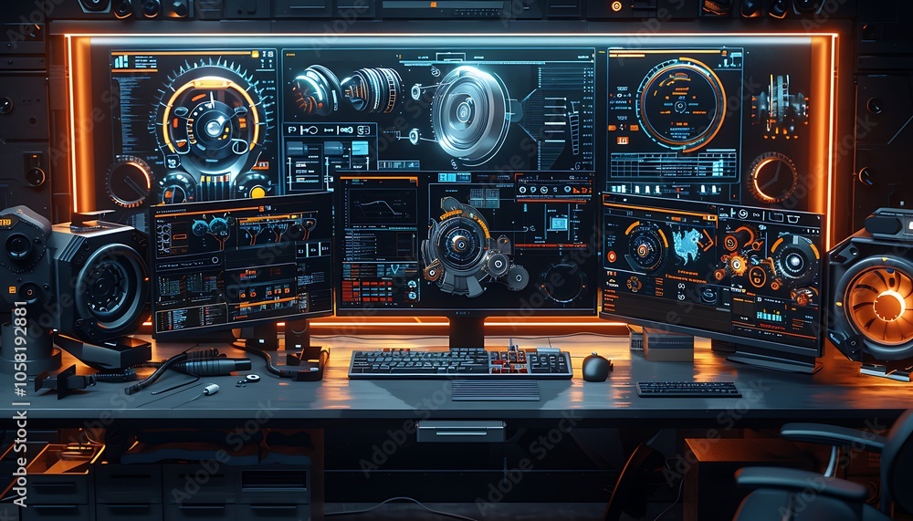 Aufkleber A futuristic gaming setup featuring multiple high-tech monitors with vibrant displays and complex interface designs.