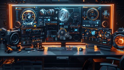 A futuristic gaming setup featuring multiple high-tech monitors with vibrant displays and complex interface designs.