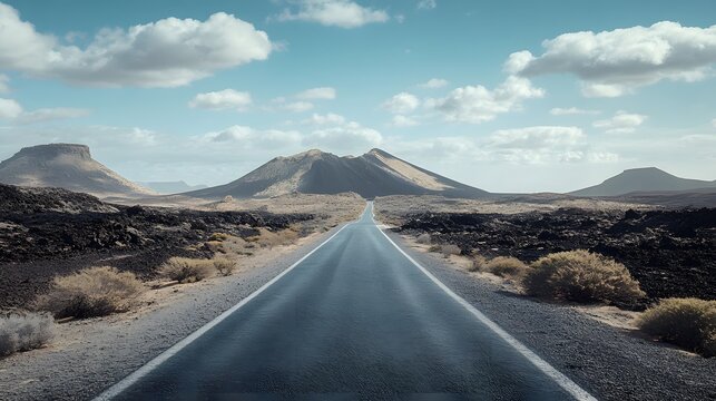 Image related to unexplored road journeys and adventures.Road through the scenic landscape to the destination in Lanzarote natural park. 