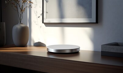 A sleek device on a wooden surface, illuminated by natural light, suggesting modern technology.