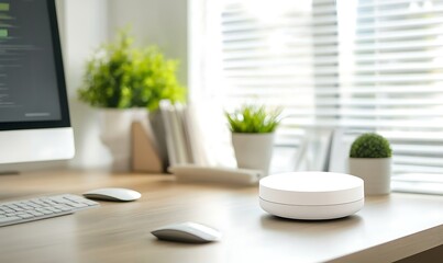 A modern workspace featuring a sleek device and greenery for a fresh atmosphere.