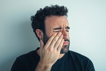 A man holding his hand up to cover the nose, with white background and high...