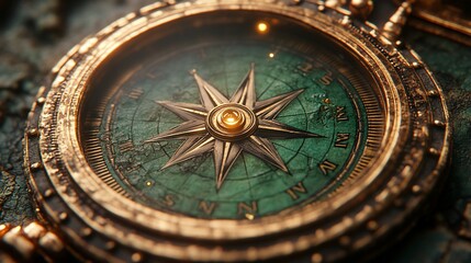 Fototapeta premium A close-up of an antique compass with a golden needle pointing north. The compass face is green and has a star in the middle.