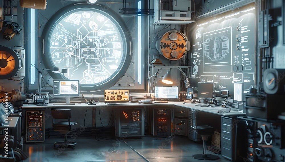 Aufkleber a futuristic control room filled with advanced technology, illuminated screens, and scientific equip
