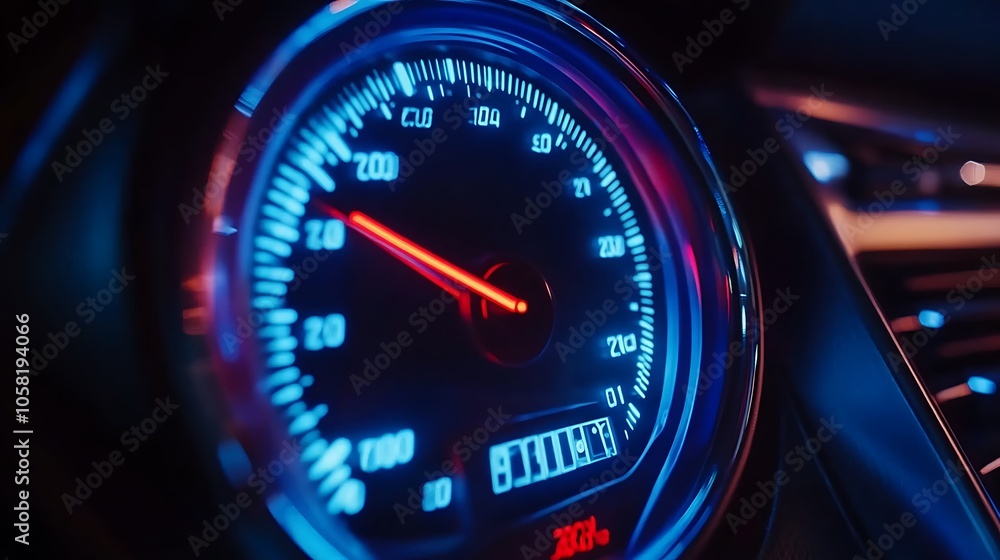 Poster close-up of a car speedometer displaying speed and mileage in a vibrant dashboard setting.