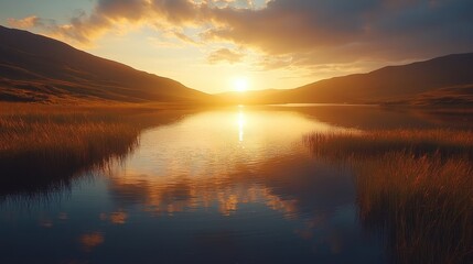 Fototapeta premium Stunning Sunset Over Serene Lake with Golden Reflections and Majestic Mountain Silhouettes in Tranquil Natural Landscape