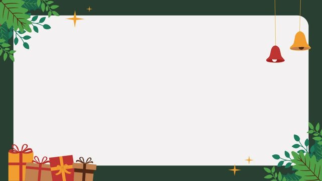 Christmas animated border banner with bell, leaves, bell. And green background