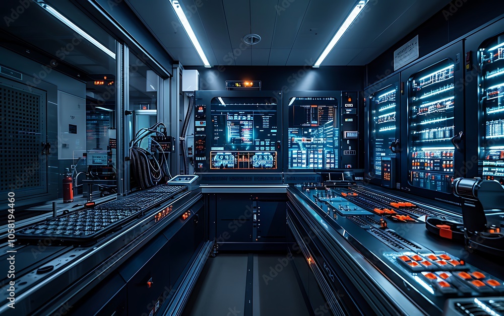 Poster a high-tech control room featuring glowing screens and modern equipment, emphasizing a futuristic an