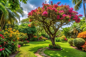 Obraz premium Lush garden with a tree and flowers