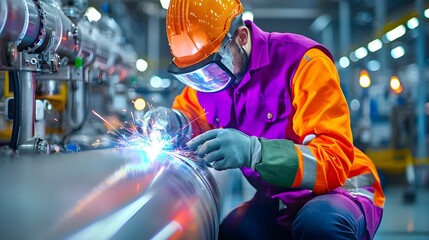 Obraz premium Engineer examining a high-precision welding seam on industrial machinery, ensuring product integrity during the migration process in a factory setting