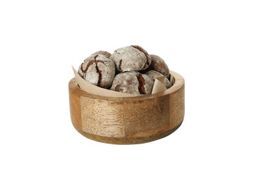 PNG, Chocolate cookies in wooden bowl, isolated on white background