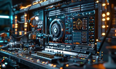 A futuristic control panel filled with buttons, screens, and illuminated circuitry, showcasing advanced technology in a sleek, high-tech environment.
