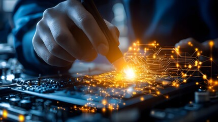 Focused shot of a factory engineer using a diagnostic tool to assess automated equipment, high-tech environment, industrial expertise, safety-first approach, realistic textures