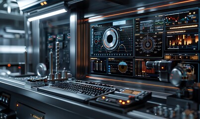 Naklejka premium A futuristic control panel with digital displays, knobs, and a sleek design, ideal for advanced technology applications.