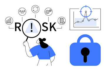 A person examines a large magnified word risk. Connected symbols highlight security and analysis. A chart indicates risk assessment. A blue padlock symbolizes security. Ideal for finance, analysis
