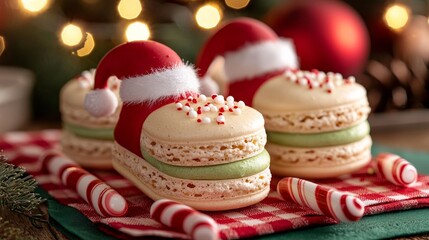 Festive macarons arranged like Santa's hat and mittens, holiday food illustration, artistic composition, isolated on white background