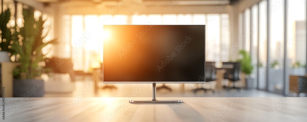 Poster a modern workspace featuring a monitor with sunlight streaming through large windows.