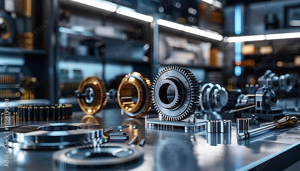 Poster A collection of precision mechanical parts displayed on a workbench, showcasing intricate designs and engineering craftsmanship in a well-lit workshop environment.