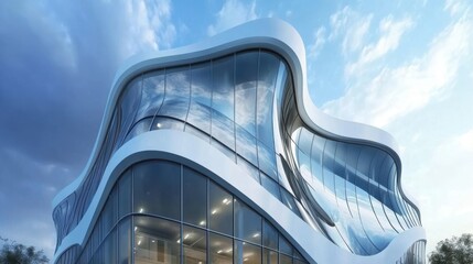 Modern office building with a unique, twisted design, reflecting the sky