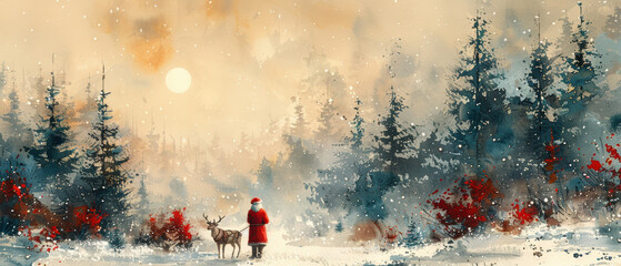 Fototapeta premium A serene winter landscape featuring Santa Claus with a reindeer in a snowy forest during twilight