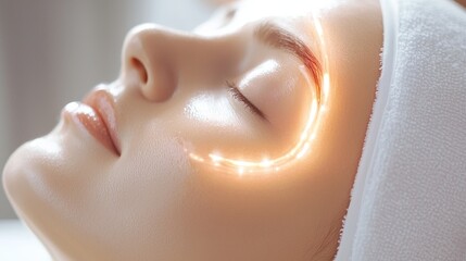 Naklejka premium Gentle skin-lifting lines on a woman's face, illuminated by soft spa-like lighting, smooth skin texture emphasized, relaxation and skincare focus