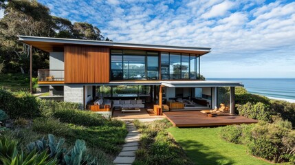 Modernist beach house with open plan living, large windows