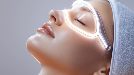 Elegant facial close-up, silver skin-lifting lines enhancing the contours of her cheeks and forehead, a soft glow of relaxation