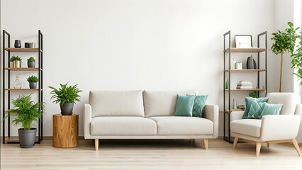 Modern living room with a white sofa, armchair, shelves with plants, and neutral decor.
