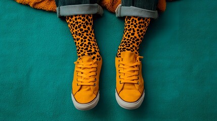 Cozy and Colorful Feet in Fuzzy Animal Print Socks with Bright Sneakers on a Vibrant Background. National Sock Day Concept