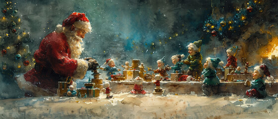 Santa Claus joyfully prepares for Christmas Eve by arranging festive decorations and gifts with cheerful elves in a snowy, magical setting