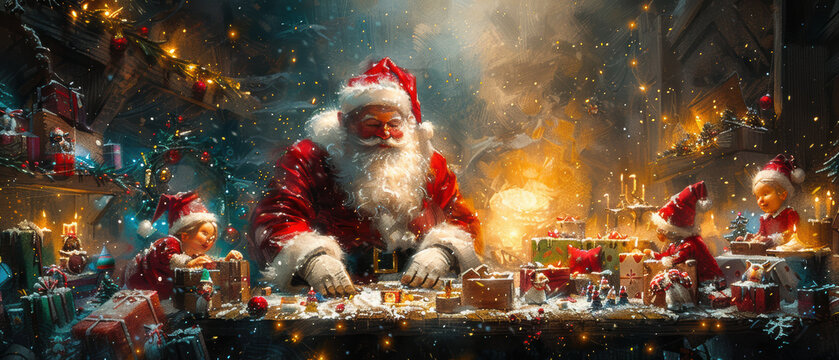 Santa Claus joyfully preparing gifts in a cozy workshop with children during the festive holiday season