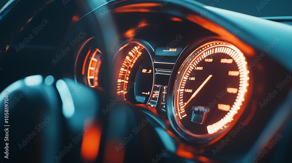 Poster close-up of a car dashboard displaying illuminated gauges and indicators.
