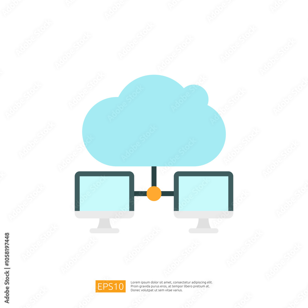 Poster this image depicts a cloud symbol connected to two computer monitors, representing cloud computing a