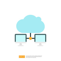 This image depicts a cloud symbol connected to two computer monitors, representing cloud computing and data sharing between devices.