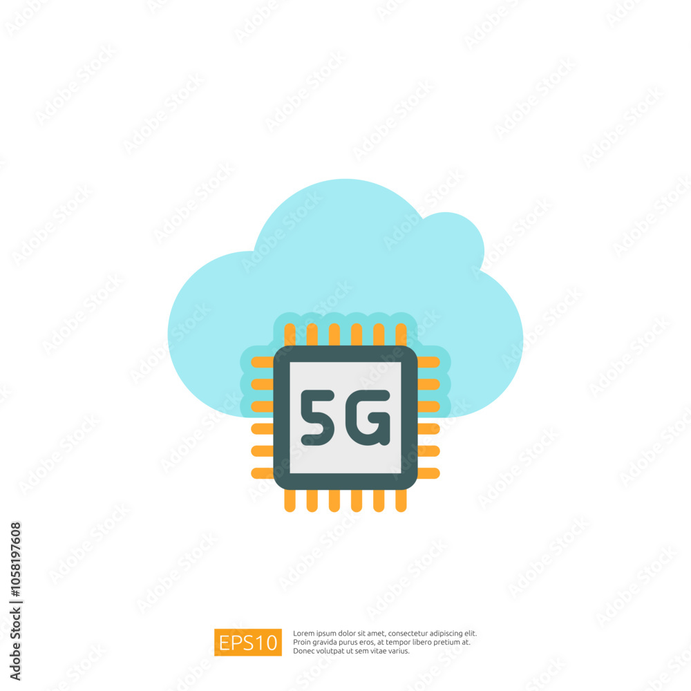 Poster a graphic representation of a microchip labeled '5g' surrounded by a cloud, symbolizing advanced tec