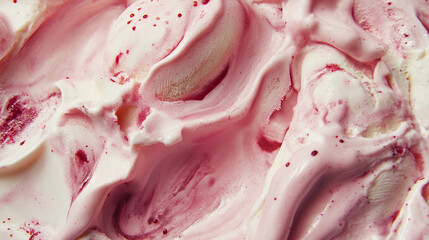 Close up of pink strawberry ice cream with swirls and texture. Delicious, refreshing dessert and summer treat.