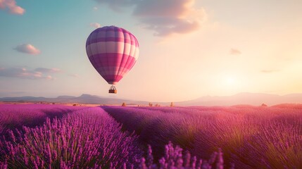Fototapeta premium travel destination, beautiful dream inspirational landscape with hot air balloon flying above lavender fields . 