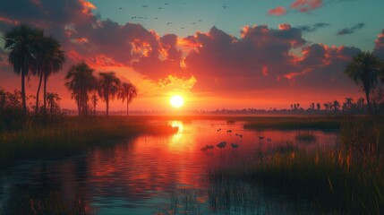Obraz premium Serene sunset over a tranquil wetland with palm trees.